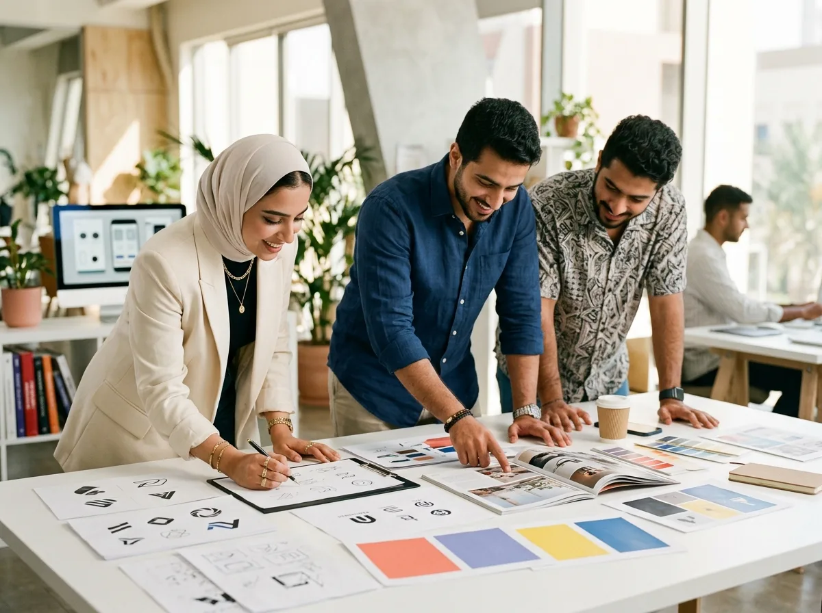 The THALAATHA team reviewing brand boards and editorial spreads